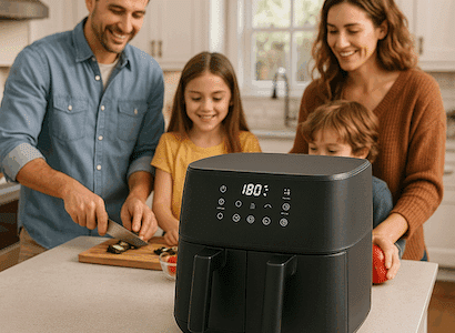 Eine Famile steht in der Küche und bereitet Essen zu. Im Vordergrund steht ein Airfryer mit 2 Kammern. Wir testen die besten Airfryer für Familien