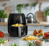 In einer modernen Küche steht ein Airfryer zentral auf der Kücheninsel. Drumherum sind frische Lebensmittel zu sehen
