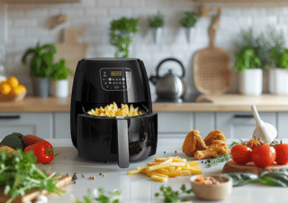 In einer modernen Küche steht ein Airfryer zentral auf der Kücheninsel. Drumherum sind frische Lebensmittel zu sehen