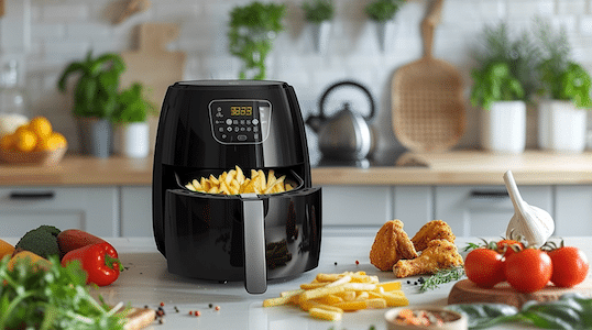 In einer modernen Küche steht ein Airfryer zentral auf der Kücheninsel. Drumherum sind frische Lebensmittel zu sehen