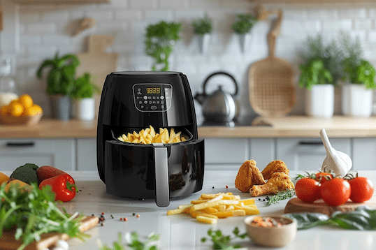 In einer modernen Küche steht ein Airfryer zentral auf der Kücheninsel. Drumherum sind frische Lebensmittel zu sehen
