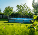 Aufstellpool Test. Ein Aufstellpool steht im Garten. Strahlend blaues Wasser und grünes Gras