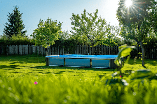 Aufstellpool Test. Ein Aufstellpool steht im Garten. Strahlend blaues Wasser und grünes Gras