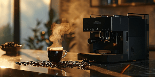 Kaffevollautomat Test. Ein Kaffevollautomat steht in einer Küche in der Morgensonne. Daneben eine Tasse Kaffe und Kaffebohnen