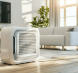 Klimaanlage Test 2026. eine Klimagerät steht in einem Wohnzimmer auf dem Boden.