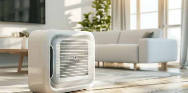 Klimaanlage Test 2026. eine Klimagerät steht in einem Wohnzimmer auf dem Boden.