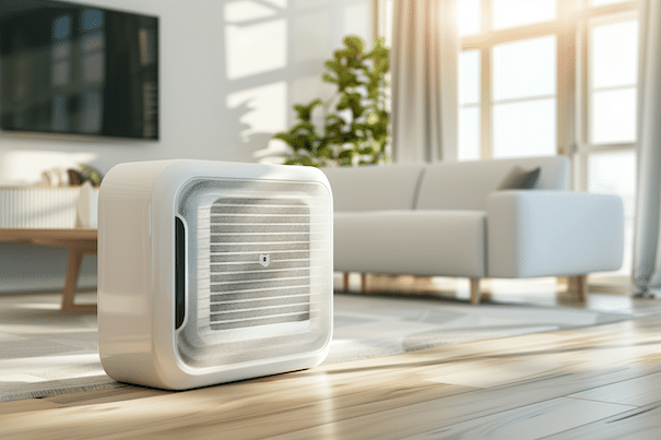Klimaanlage Test 2026. eine Klimagerät steht in einem Wohnzimmer auf dem Boden.