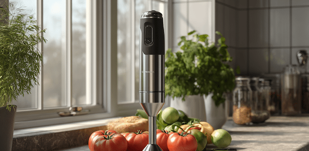 Der Stabmixer Test. Ein Stabmixer steht vor einigen Tomaten in einer Küche