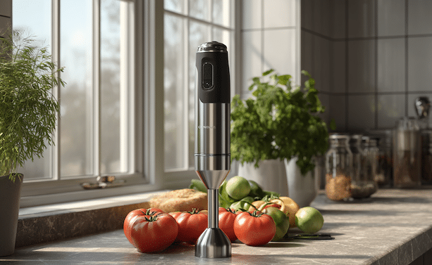 Der Stabmixer Test. Ein Stabmixer steht vor einigen Tomaten in einer Küche