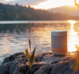 Bluetooth Speaker Test 2026. Ein Bluetooth Speaker steht auf einem Stein an einem See.
