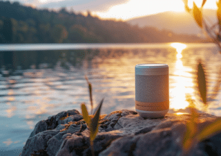 Bluetooth Speaker Test 2026. Ein Bluetooth Speaker steht auf einem Stein an einem See.