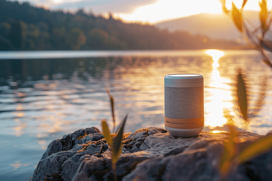Bluetooth Speaker Test 2026. Ein Bluetooth Speaker steht auf einem Stein an einem See.