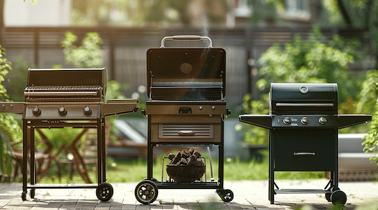 Der Grill Test 2026. 3 Grills stehen nebeneinander im Garten