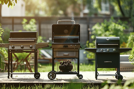 Der Grill Test 2026. 3 Grills stehen nebeneinander im Garten