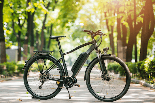 E Bike Test günstig 2026. Ein E Bike steht auf der Straße zwischen einigen Bäumen.