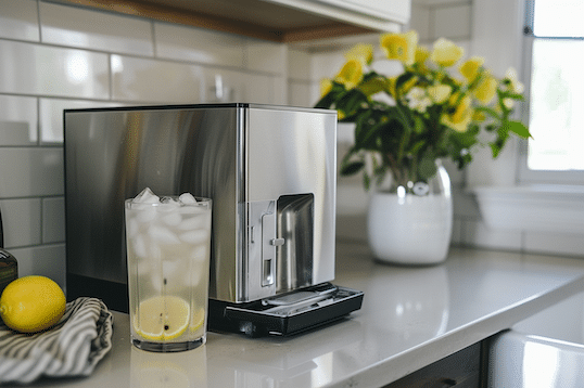 Eiswürfelbereiter Test 2026. EIn Eiswürfelbereiter steht in einer Küche. Daneben ein Glas mit Zitronenlimonade.