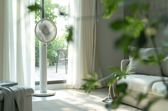 Ventilatoren Test 2026. Ein weisser Ventilator steht in einem Wohnzimmer